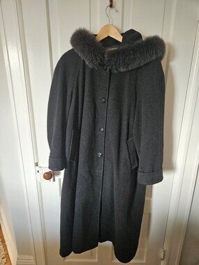 Vintage Hannah Wool Cashmere Maxi Coat Real Fur Hood Charcoal Made in Canada